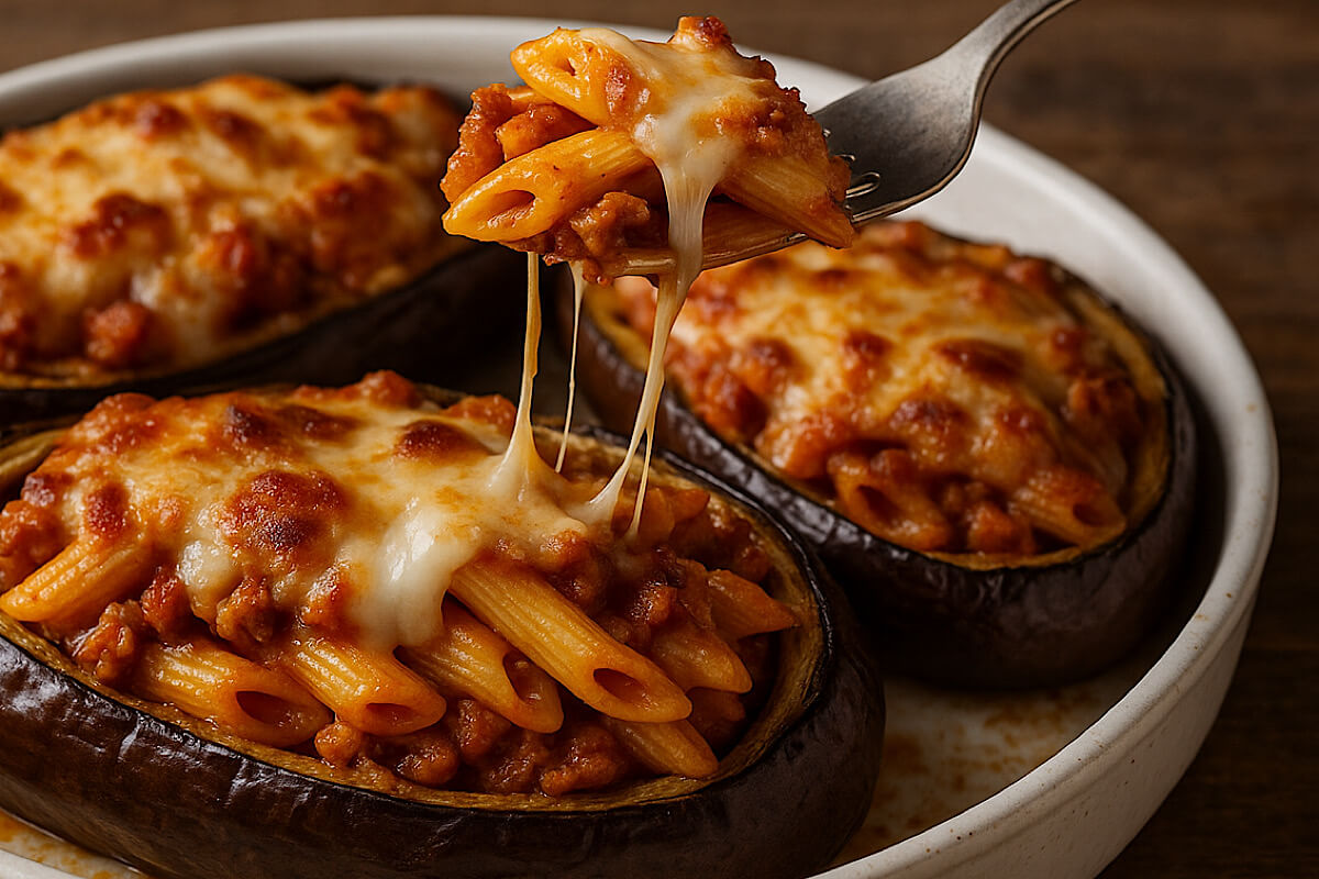 Ricetta geniale anti-spreco: melanzane ripiene di pasta e salsiccia, pronte in 25 minuti in forno o in friggitrice ad aria!