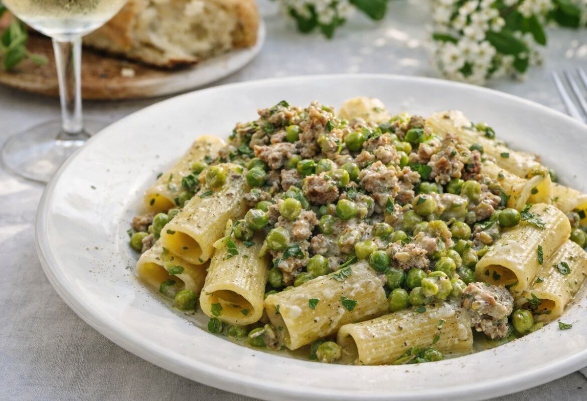 Rigatoni con salsiccia e piselli