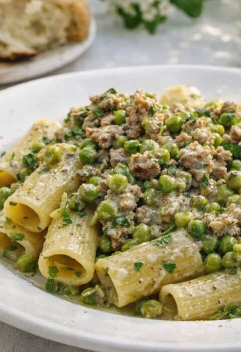 Rigatoni con salsiccia e piselli