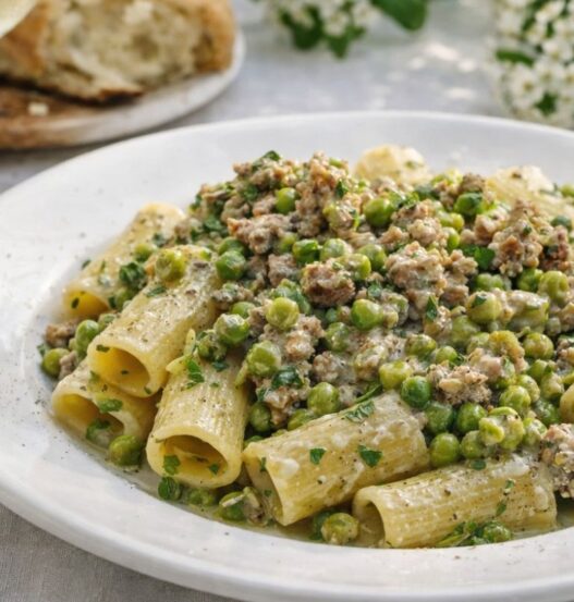 Rigatoni con salsiccia e piselli