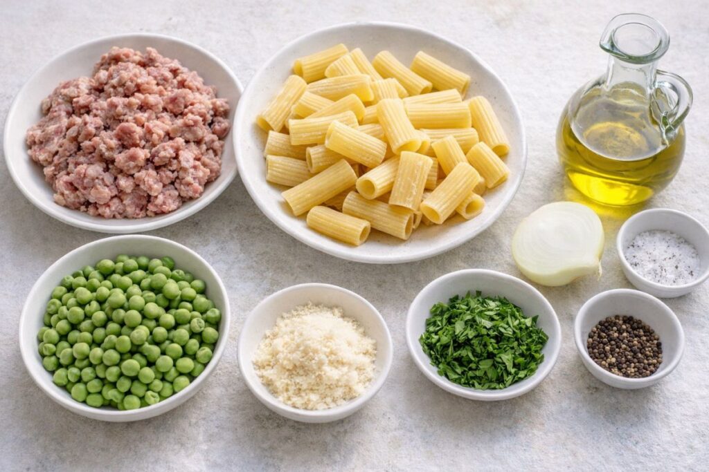 Rigatoni con salsiccia e piselli, ingredienti