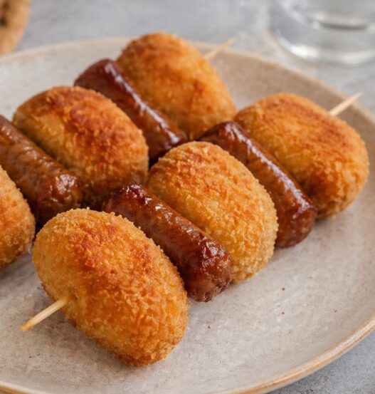 Spiedini di crocchette di patate e salsiccia in friggitrice ad aria