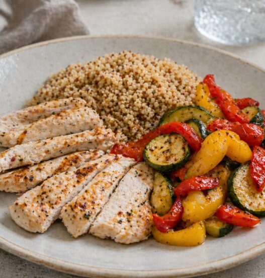 Tacchino, quinoa, zucchine e peperoni