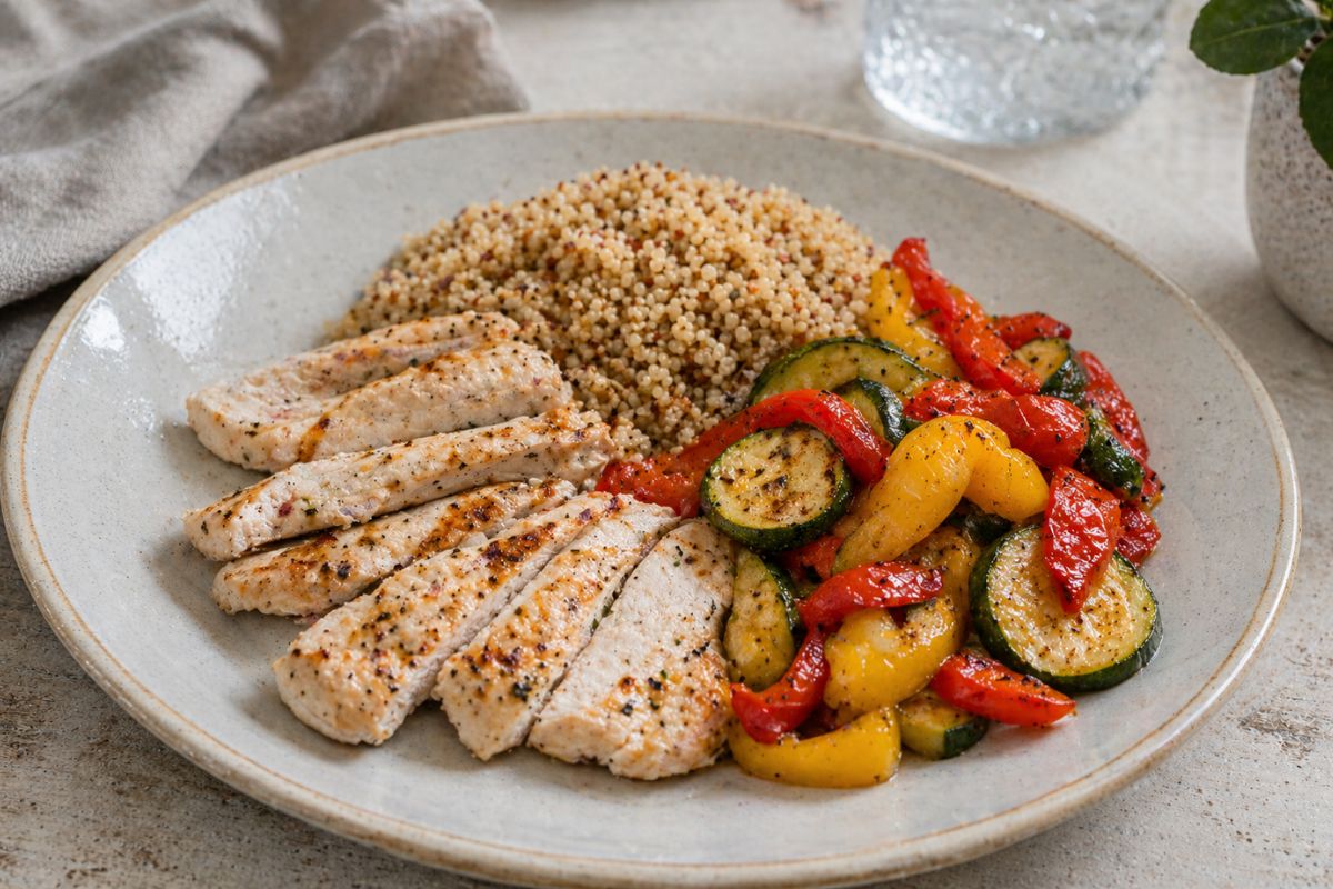 Il piatto unico colorato con tacchino, quinoa e verdure colorate: fit, ma non da “dieta triste”