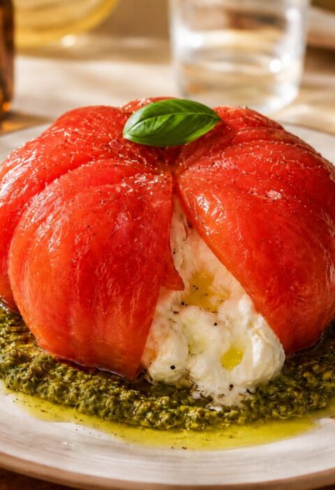 Pomodoro cuore di bue ripieno di burrata su un letto di pesto