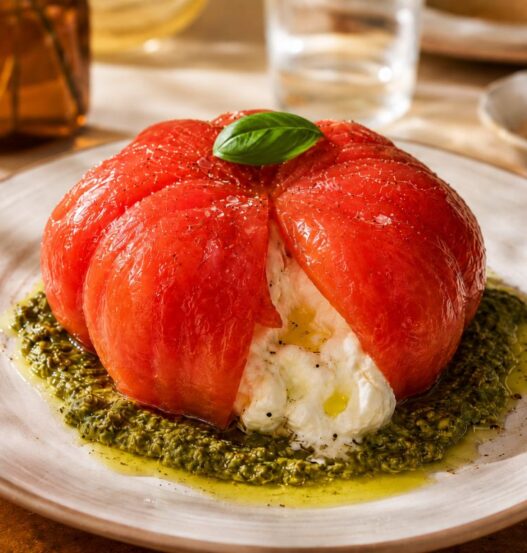 Pomodoro cuore di bue ripieno di burrata su un letto di pesto
