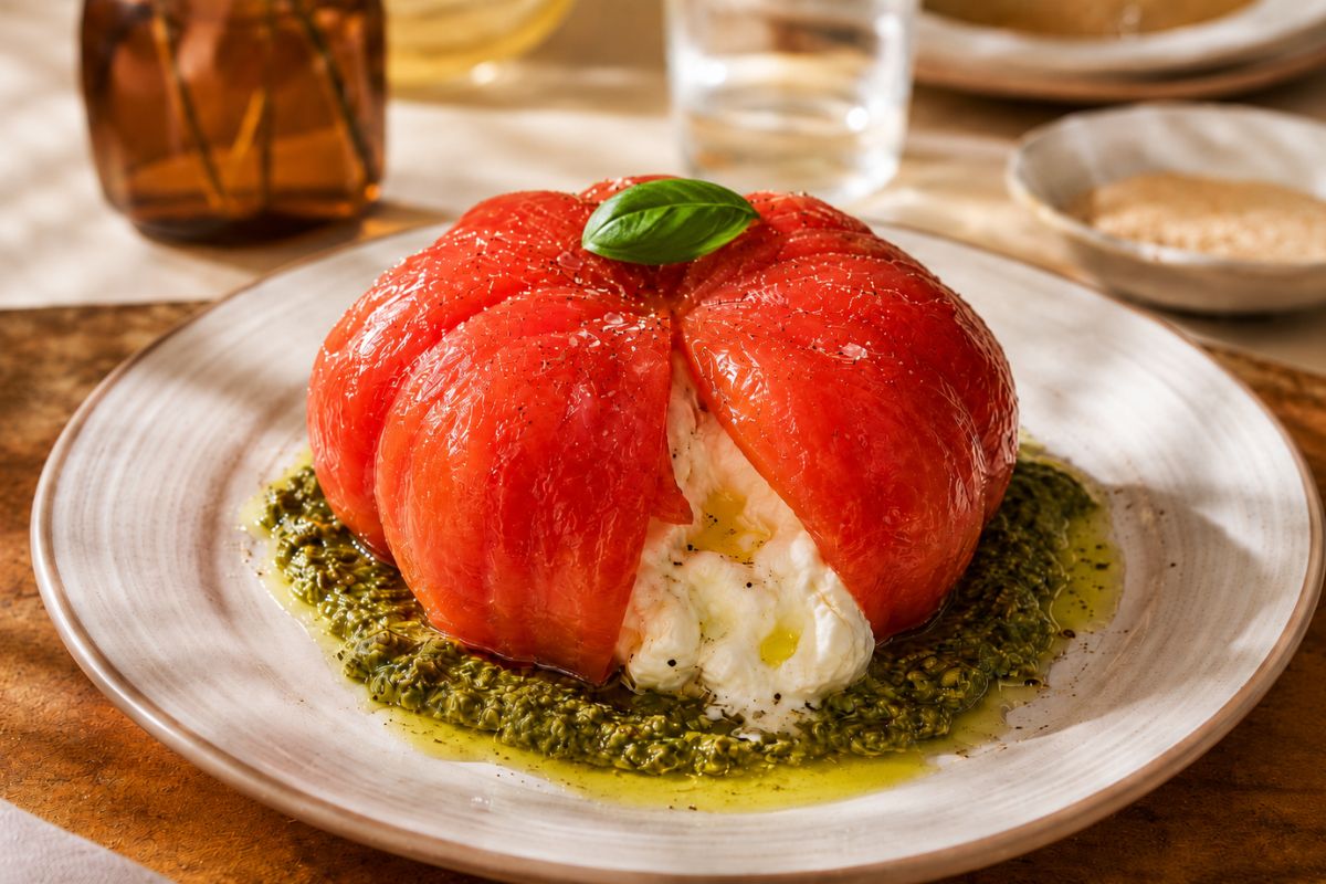 Non è una caprese classica: pomodoro cuore di bue ripieno di burrata. Lo tagli e al centro c’è la sorpresa