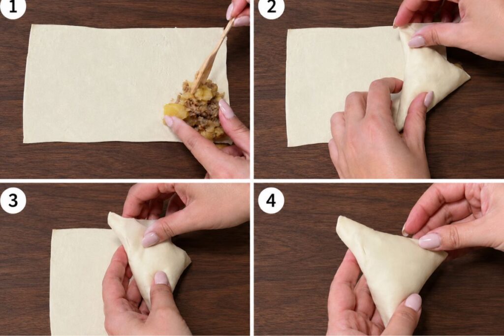 Triangolini con salsiccia patate e provola, procedimento