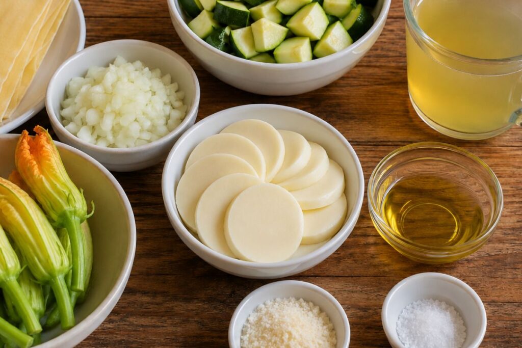Lasagna in padella con crema di zucchine e fiori di zucca, ingredienti
