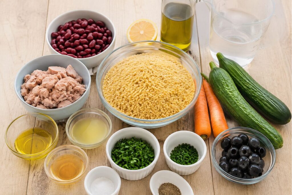 Insalata di bulgur con tonno, fagioli rossi, cetrioli e carote con il Bimby, ingredienti