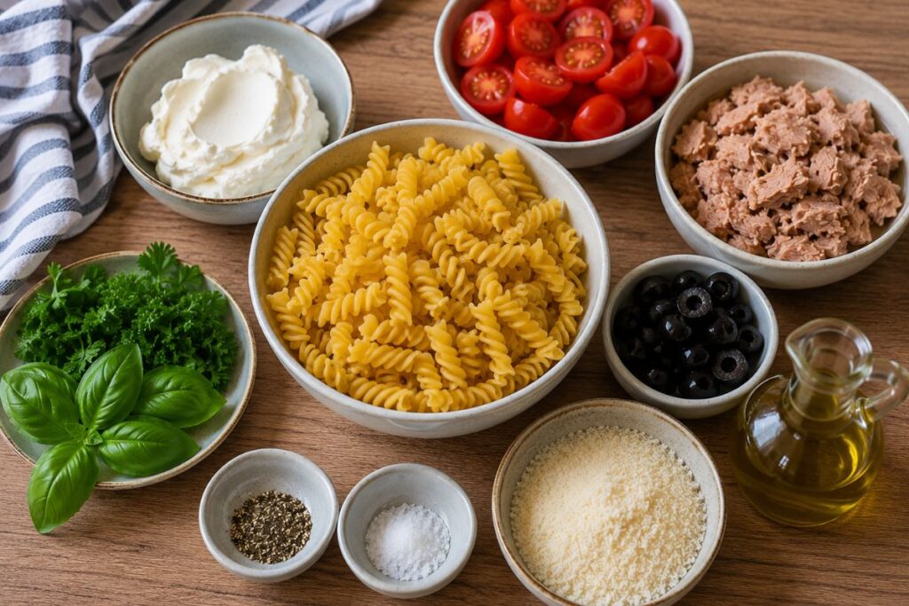 Pasta fredda cremosa con tonno, Philadelphia, pomodorini e olive con il Bimby, ingredienti