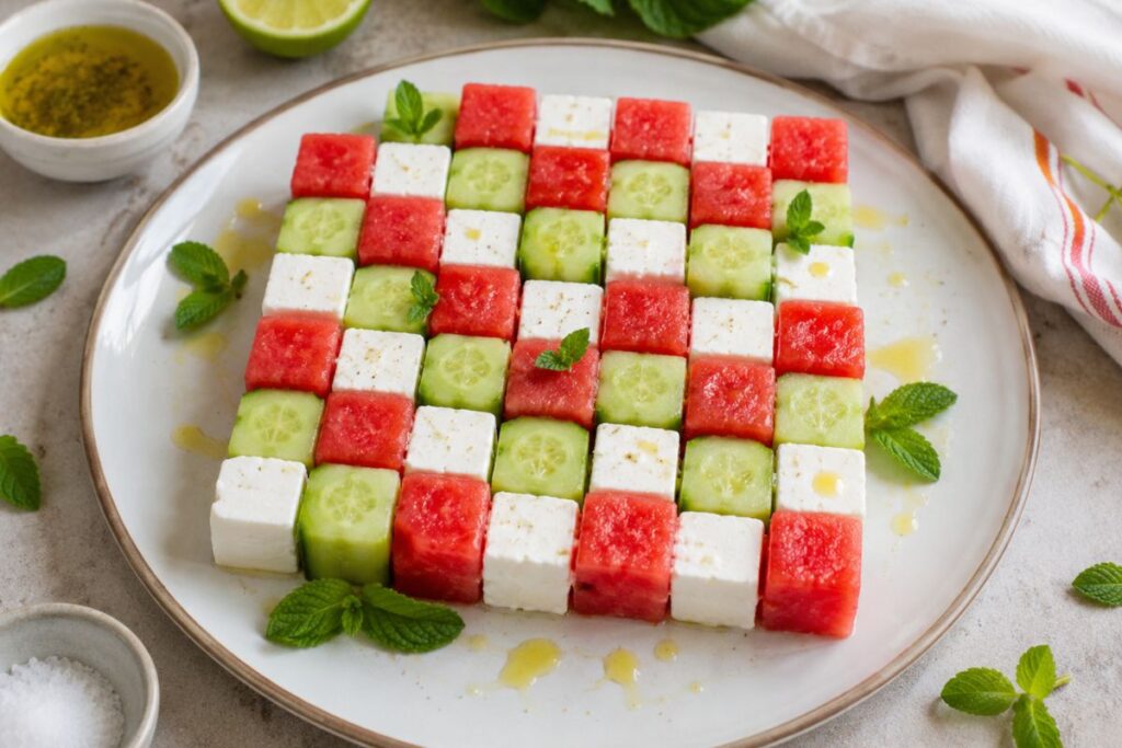 Scacchiera estiva di anguria, cetriolo e feta