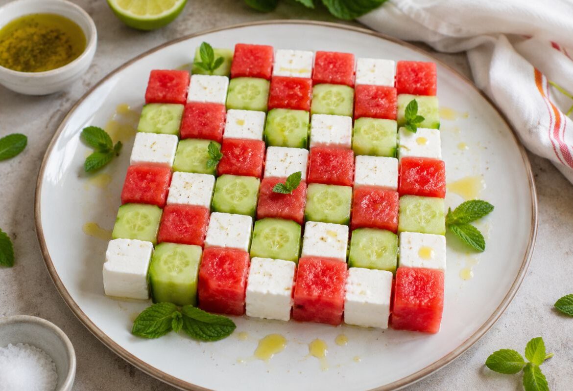 Scacchiera estiva di anguria, cetriolo e feta
