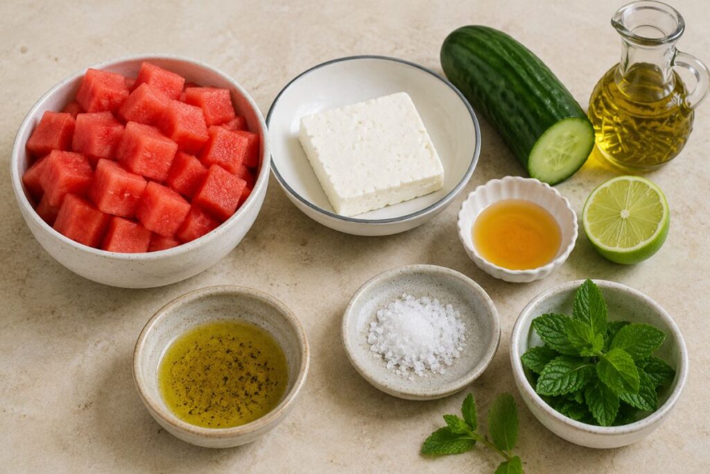 Scacchiera estiva di anguria, cetriolo e feta, ingredienti