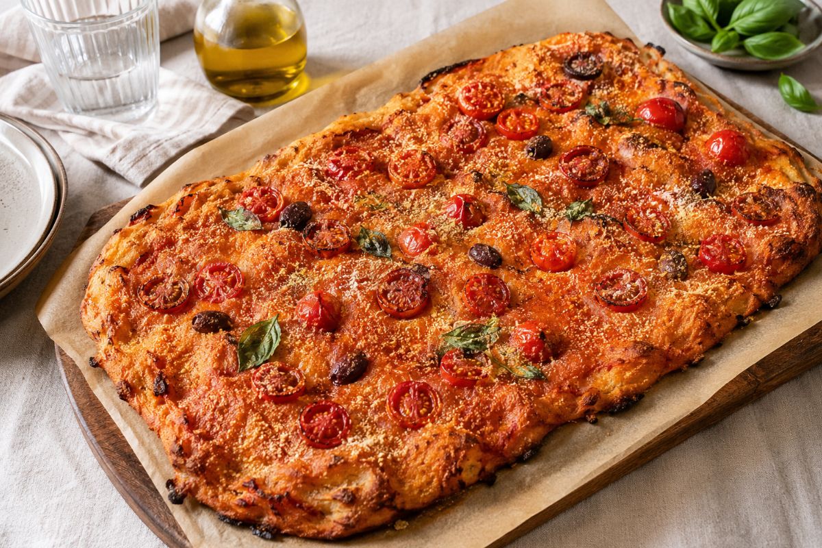 La schiacciata rossa che non deve lievitare: la versi in teglia e viene super croccante (sparirà in un secondo)