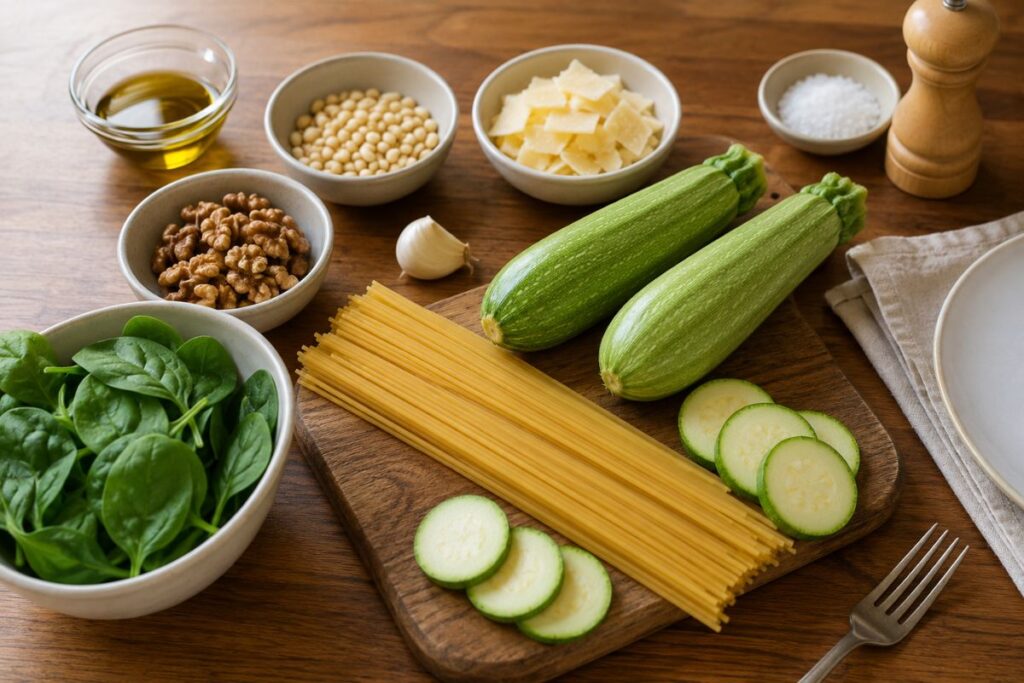 Spaghetti con pesto di spinaci e zucchine fritte, ingredienti