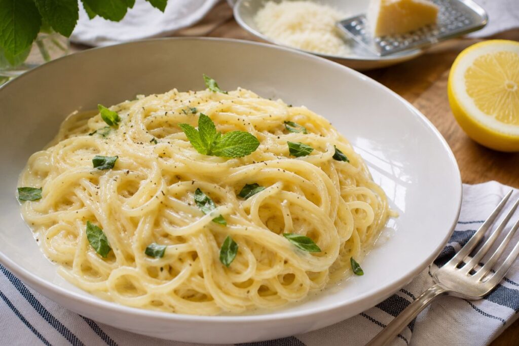 Spaghettini risottati all’acqua di limone con pecorino e menta