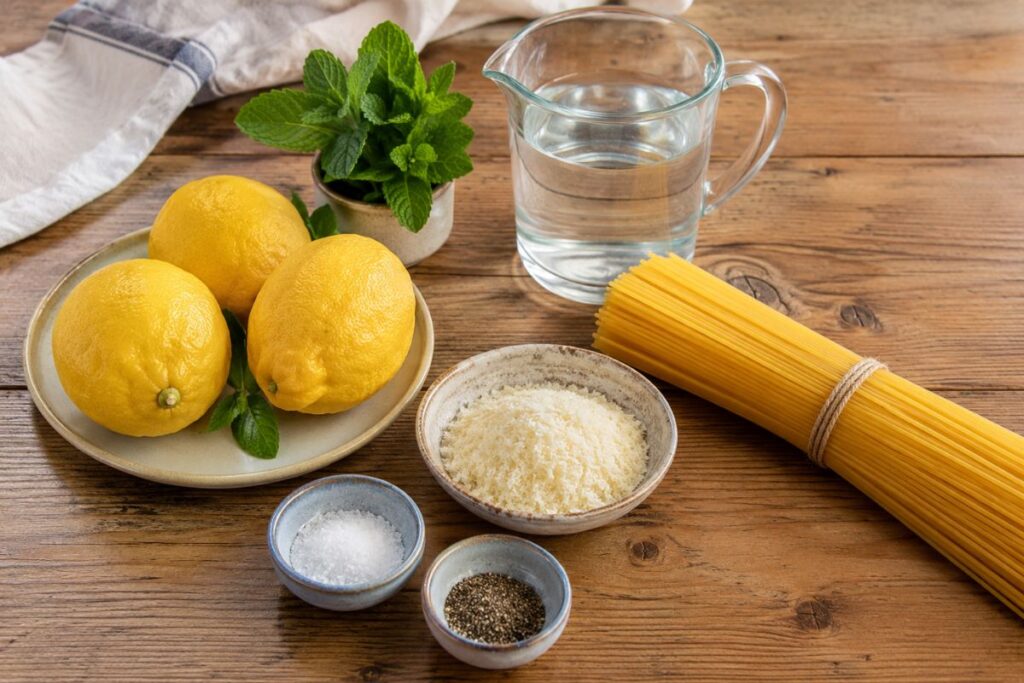 Spaghettini risottati all’acqua di limone con pecorino e menta, ingredienti