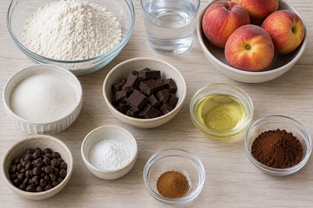 Torta all’acqua cacao, pesche e cioccolato, ingredienti