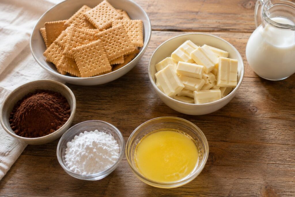 Dolcetti freddi con biscotti, cacao e cioccolato bianco, ingredienti