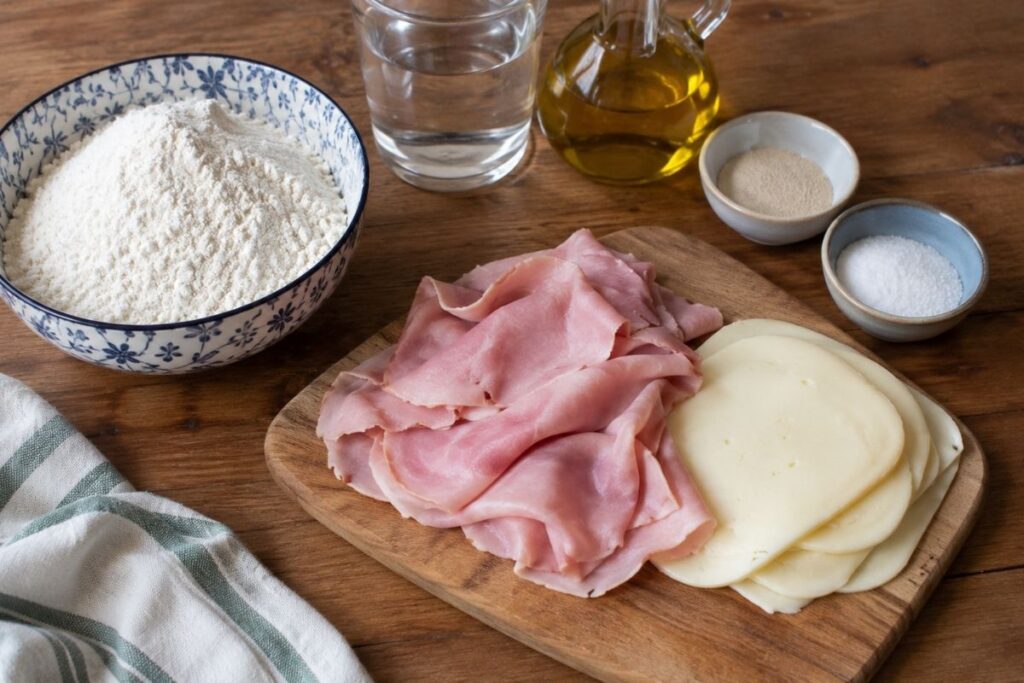 Focaccia ripiena in padella con prosciutto e scamorza, ingredienti