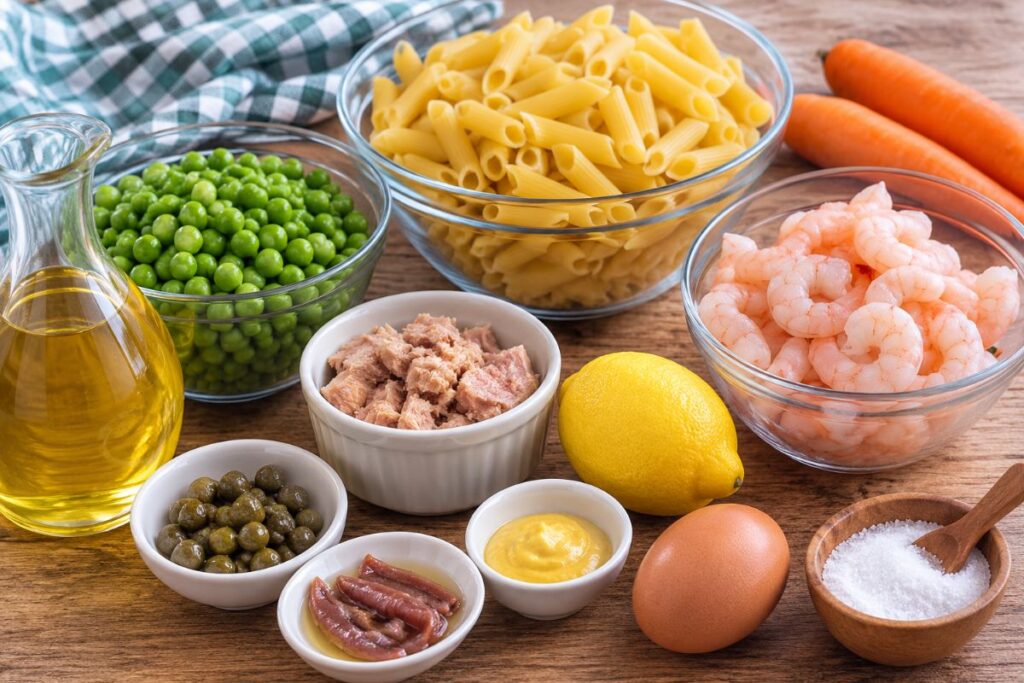 Mezze penne fredde con gamberetti, piselli e salsa tonnata con il Bimby, ingredienti