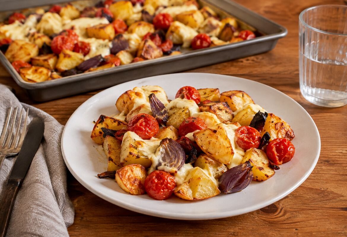 Patate, cipolle rosse, pomodorini e mozzarella al forno