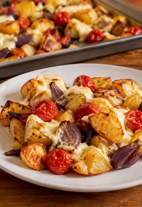 Patate, cipolle rosse, pomodorini e mozzarella al forno