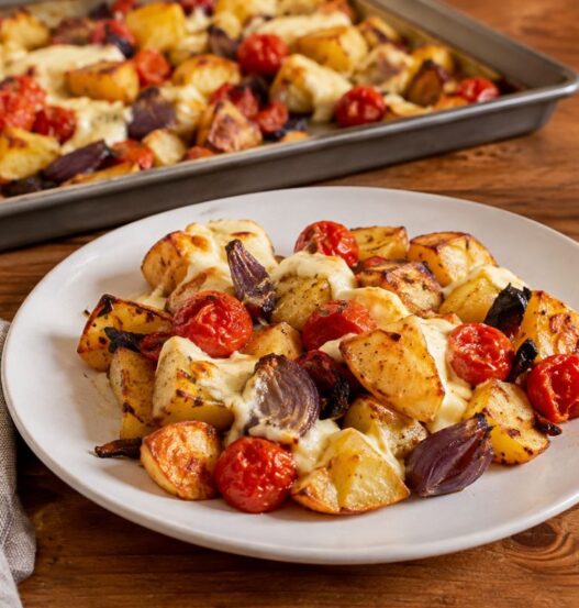 Patate, cipolle rosse, pomodorini e mozzarella al forno