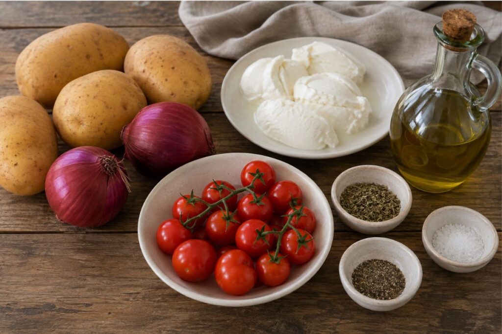 Patate, cipolle rosse, pomodorini e mozzarella al forno, ingredienti