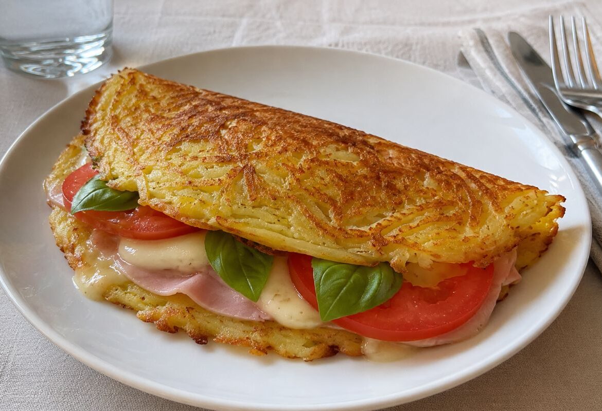 Sandwich di patate con prosciutto cotto e scamorza affumicata
