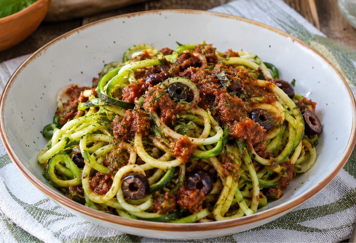 Spaghetti di zucchine con salsa alle olive con il Bimby