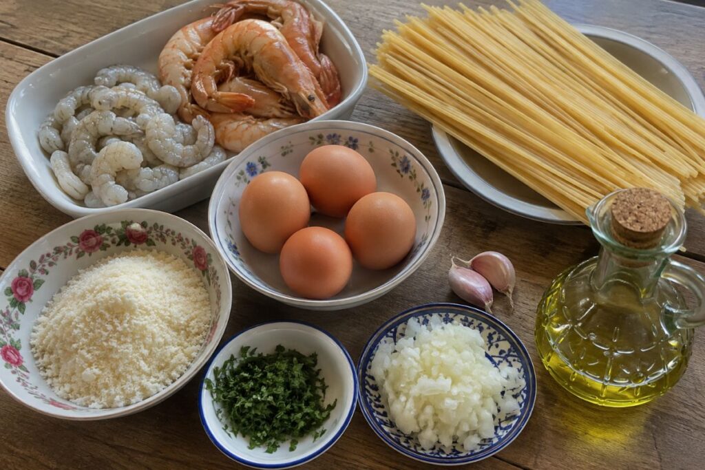 Spaghettoni alla carbonara di mare con gamberi e mazzancolle, ingredienti