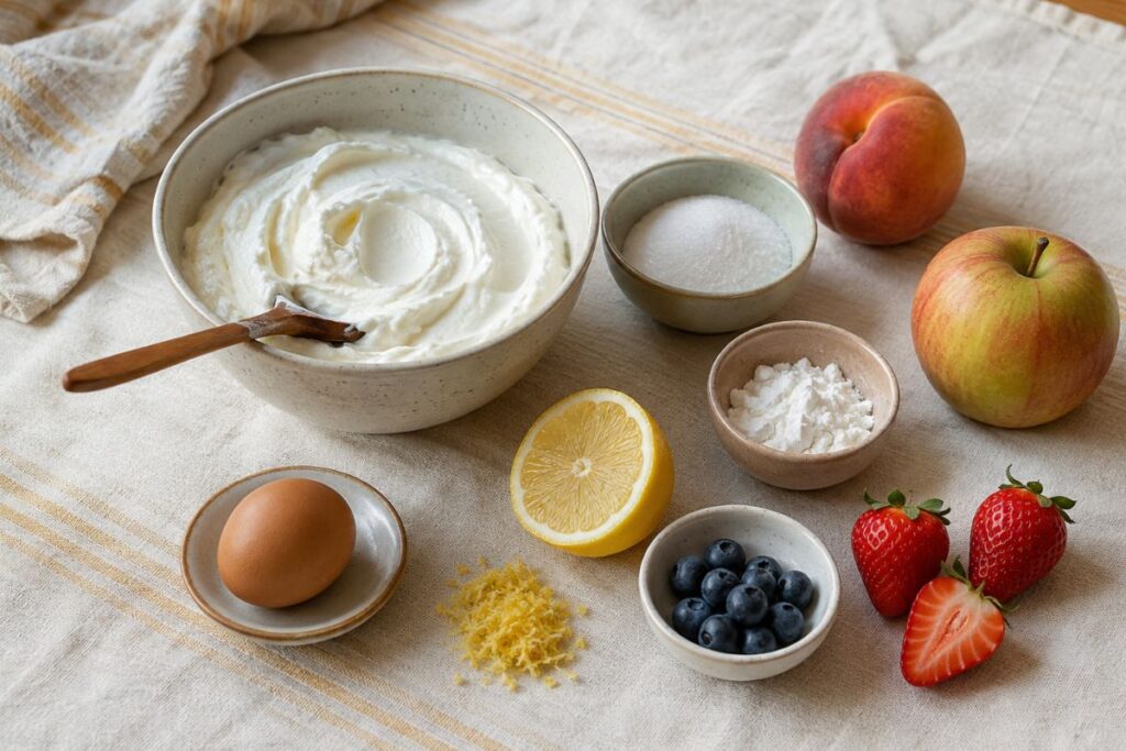 Tortini allo yogurt greco con frutta fresca in friggitrice ad aria, ingredienti