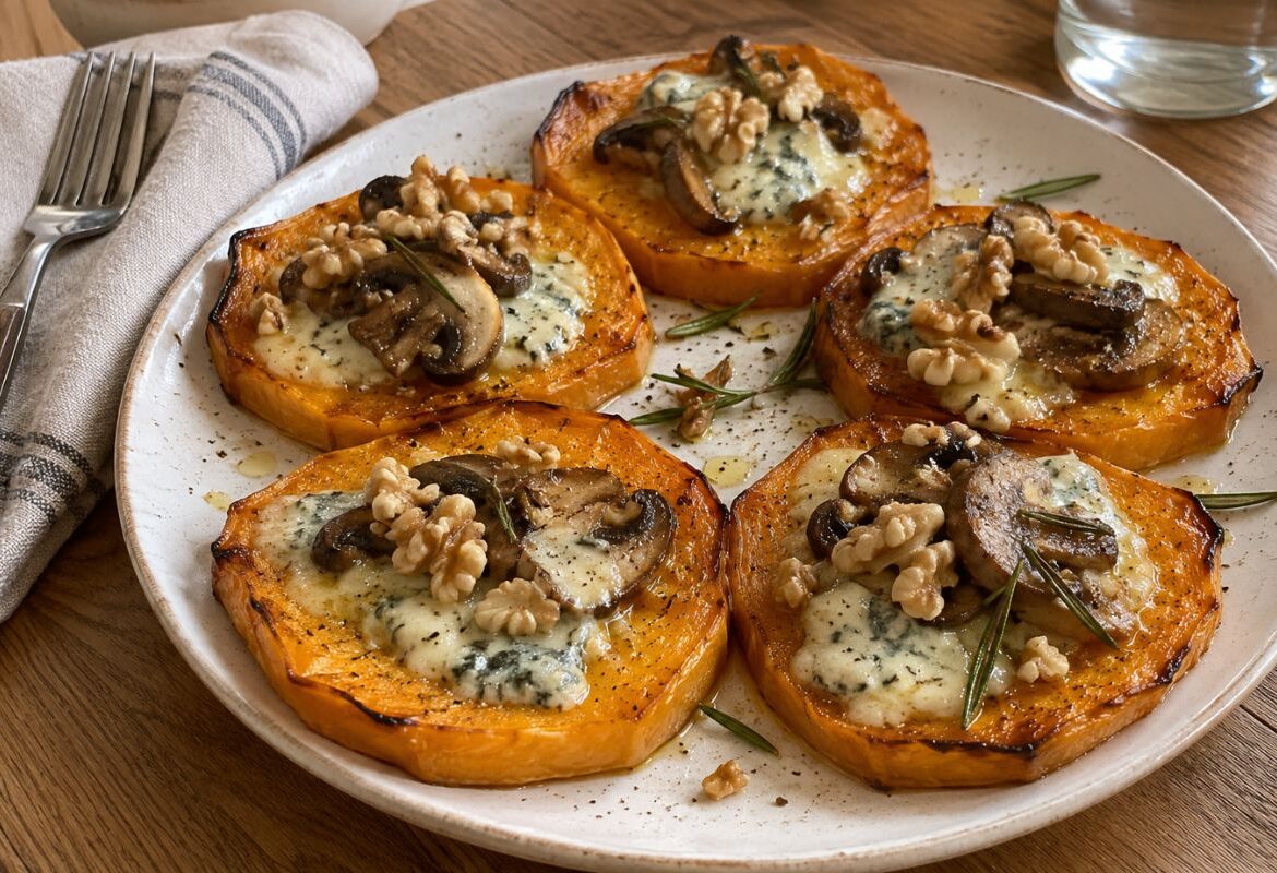 Pizzette di zucca con gorgonzola, funghi e noci