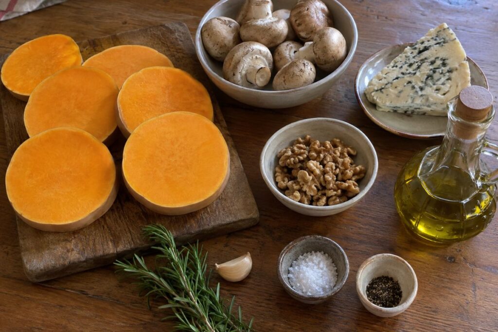 Pizzette di zucca con gorgonzola, funghi e noci, ingredienti