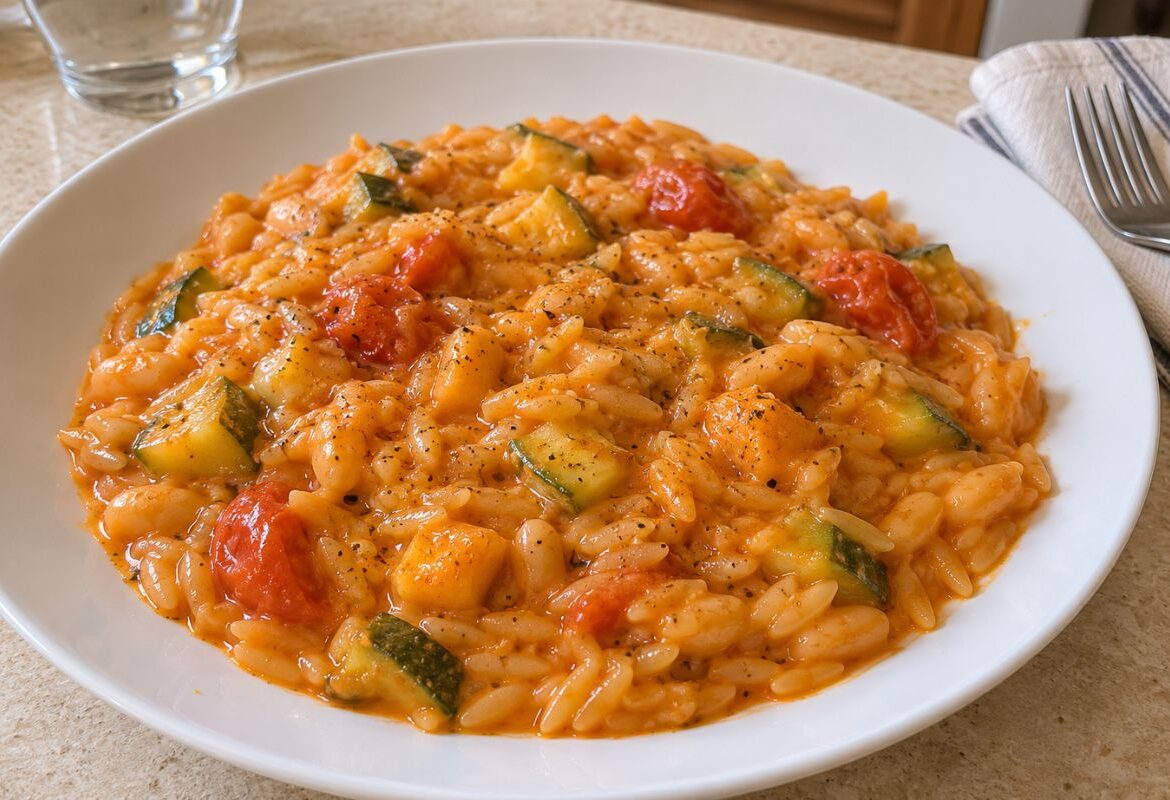 Risoni cremosi con cannellini, zucchine e pomodorini