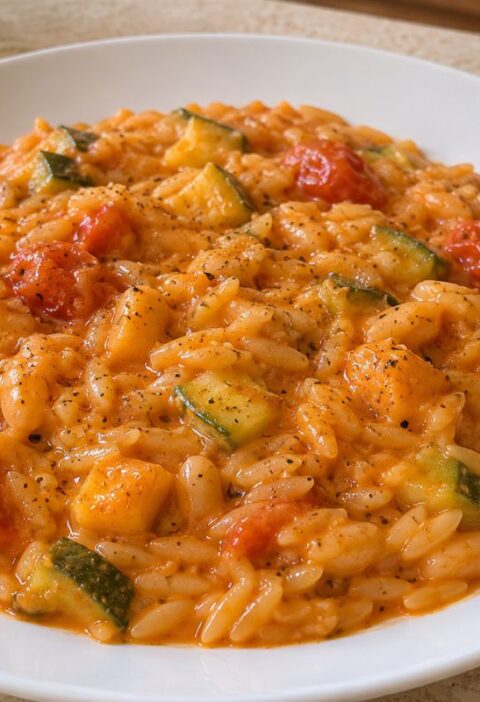 Risoni cremosi con cannellini, zucchine e pomodorini