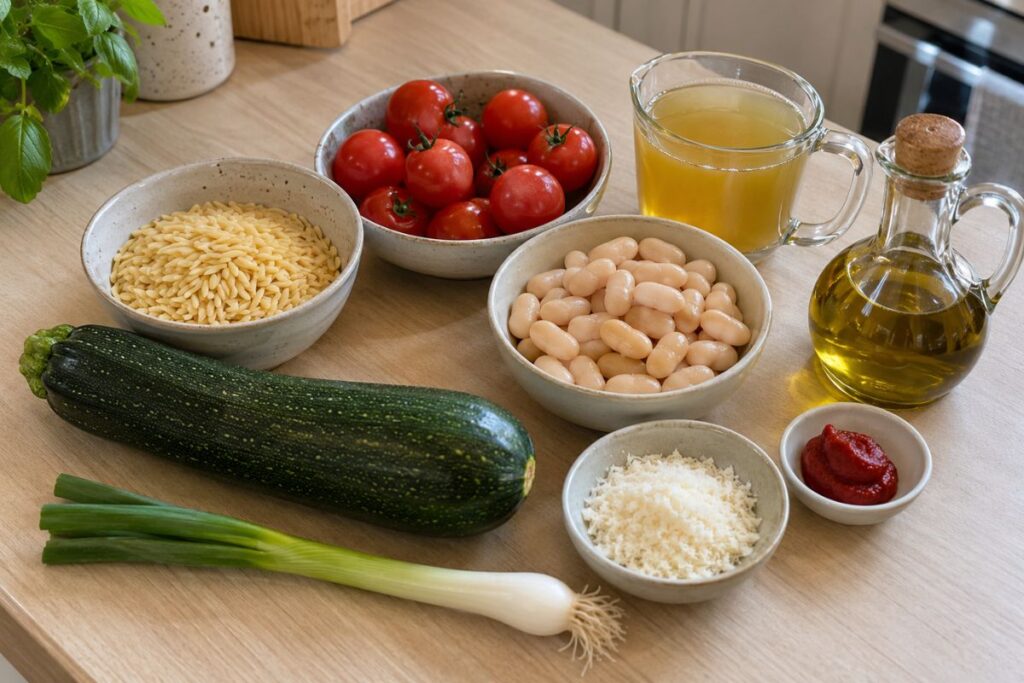 Risoni cremosi con cannellini, zucchine e pomodorini, ingredienti