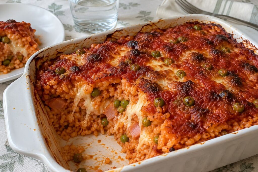 Timballo di riso al pomodoro con prosciutto e mozzarella
