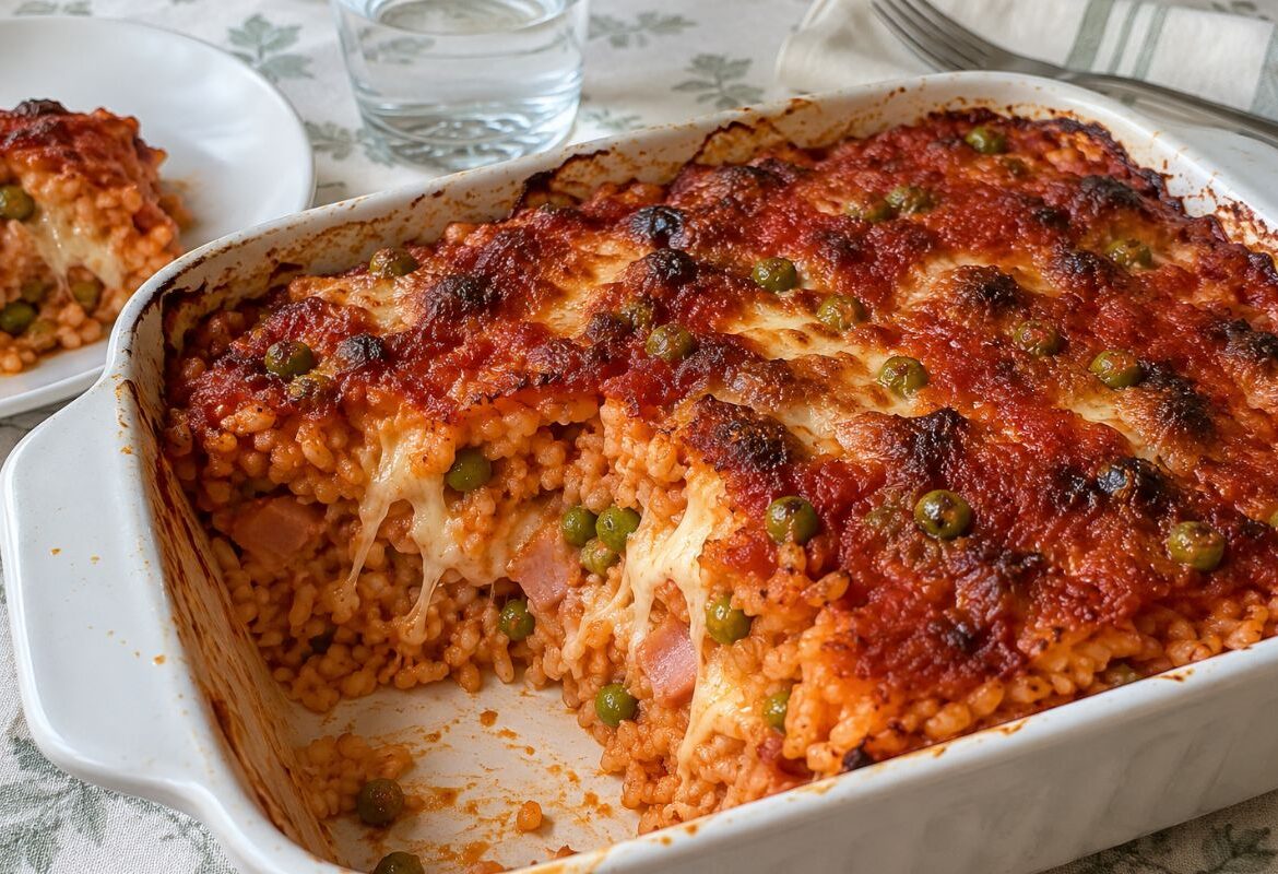 Timballo di riso al pomodoro con prosciutto e mozzarella