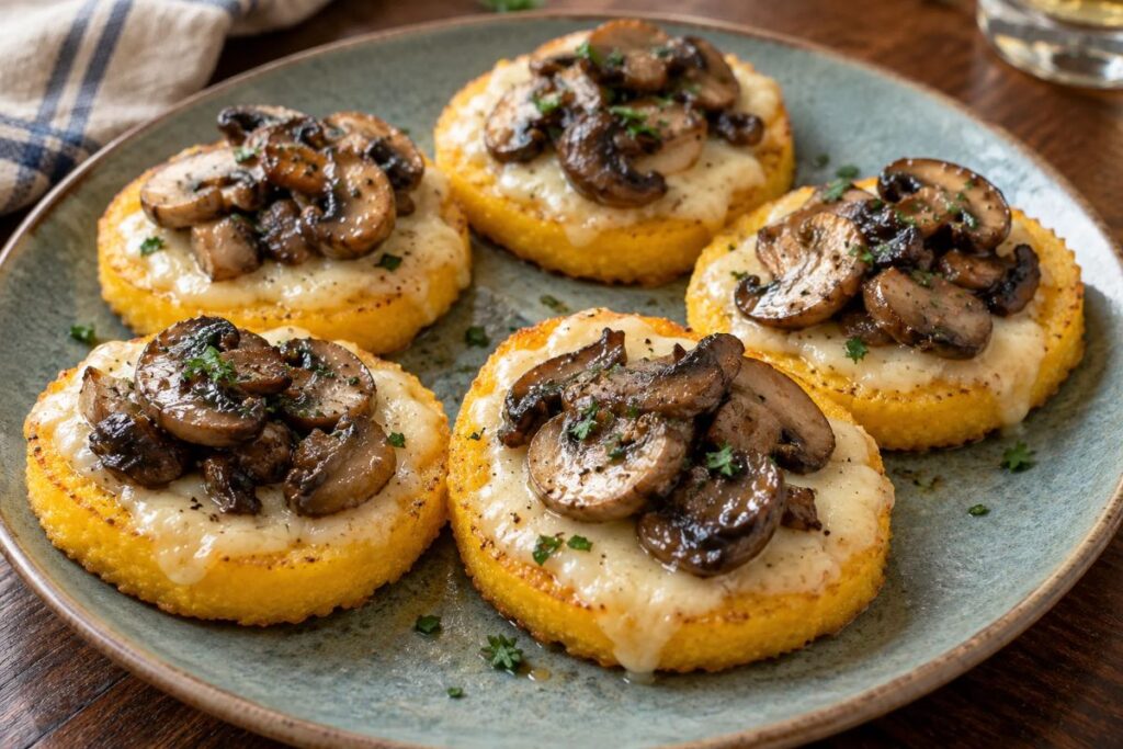 Crostini di polenta con funghi e Asiago al forno