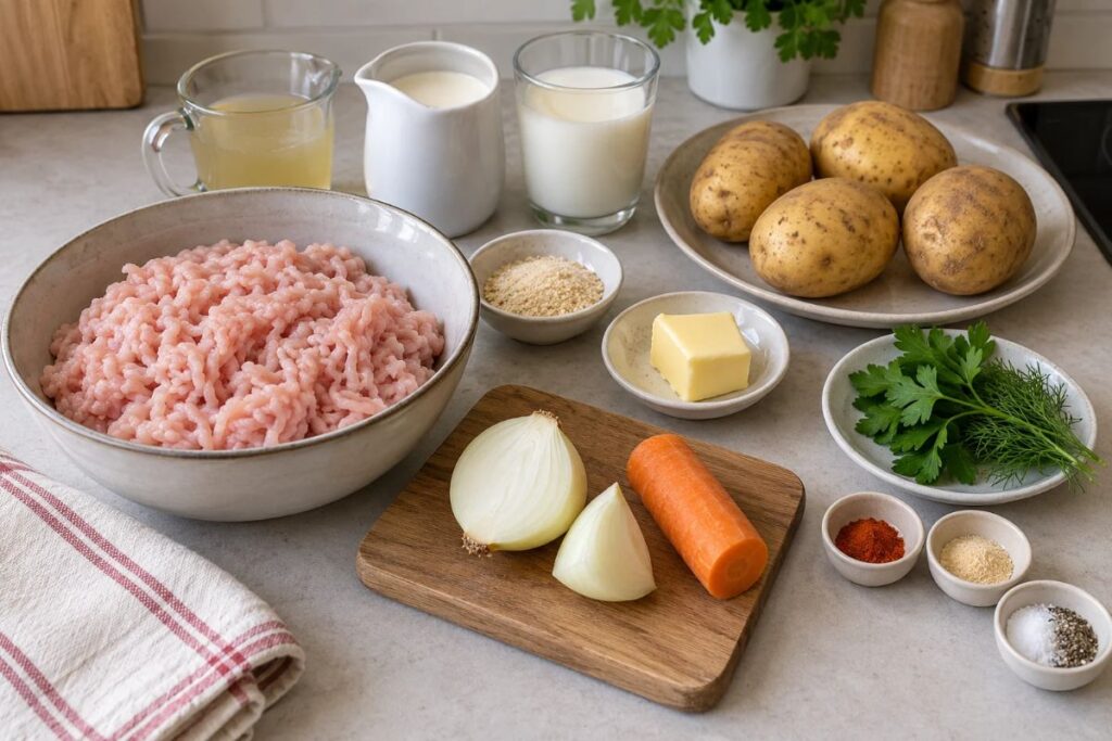 Polpette di pollo con salsa cremosa e purè di patate, ingredienti