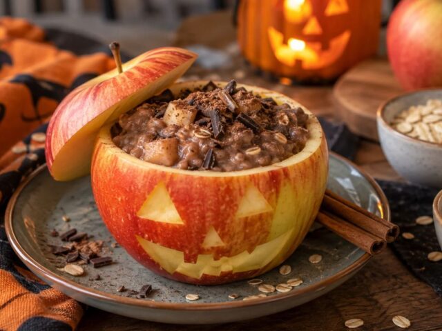 Colazione di Halloween con 1 mela: la polpa va nel porridge, la buccia diventa la tazza