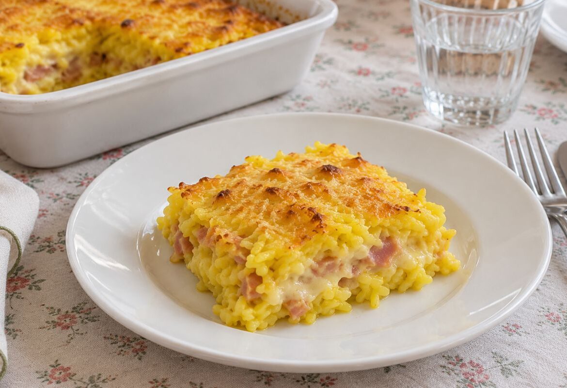 Riso al forno allo zafferano con prosciutto e formaggio